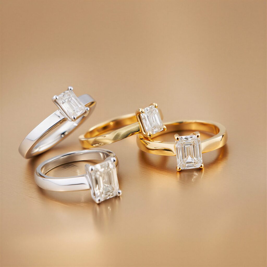 Verlobungsringe mit eckigen Diamanten, erhältlich in Weißgold und Gelbgold