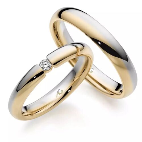 Trauringpaar Bicolor Gelbgold Weißgold, schlicht klassisch, poliert, 1 Brillant, 0,06 ct., Hersteller August Gerstner, Artikelnummer 28834