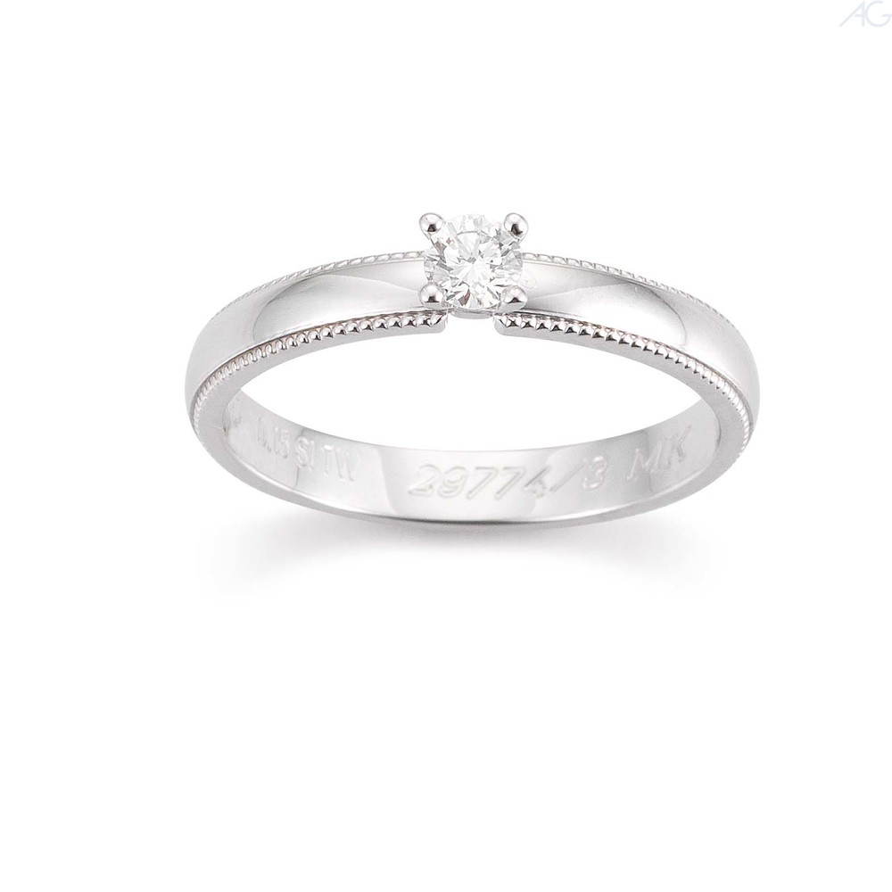 29774_3 Verlobungsring Antragsring Weißgold schlicht, Perlenoptik an den Rändern, 1 Brillant, 0,15 ct., Hersteller August Gerstner, Artikelnummer 29774/3