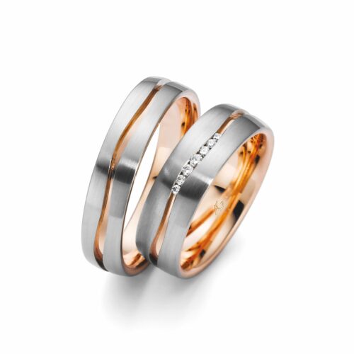 Trauringpaar Bicolor Rotgold Weißgold, breit, 7 Brillanten, gesamt 0,061 ct., Hersteller August Gerstner, Artikelnummer 28420
