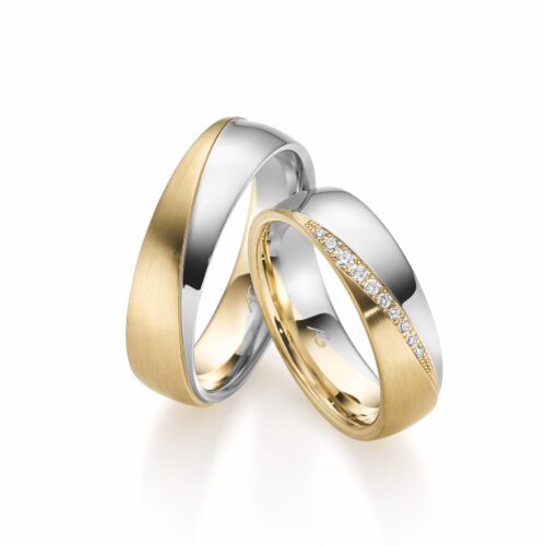 Trauringpaar Bicolor Weißgold poliert, Gelbgold gebürstet, 10 Brillanten, gesamt 0,078 ct., Hersteller August Gerstner, Artikelnummer 28765