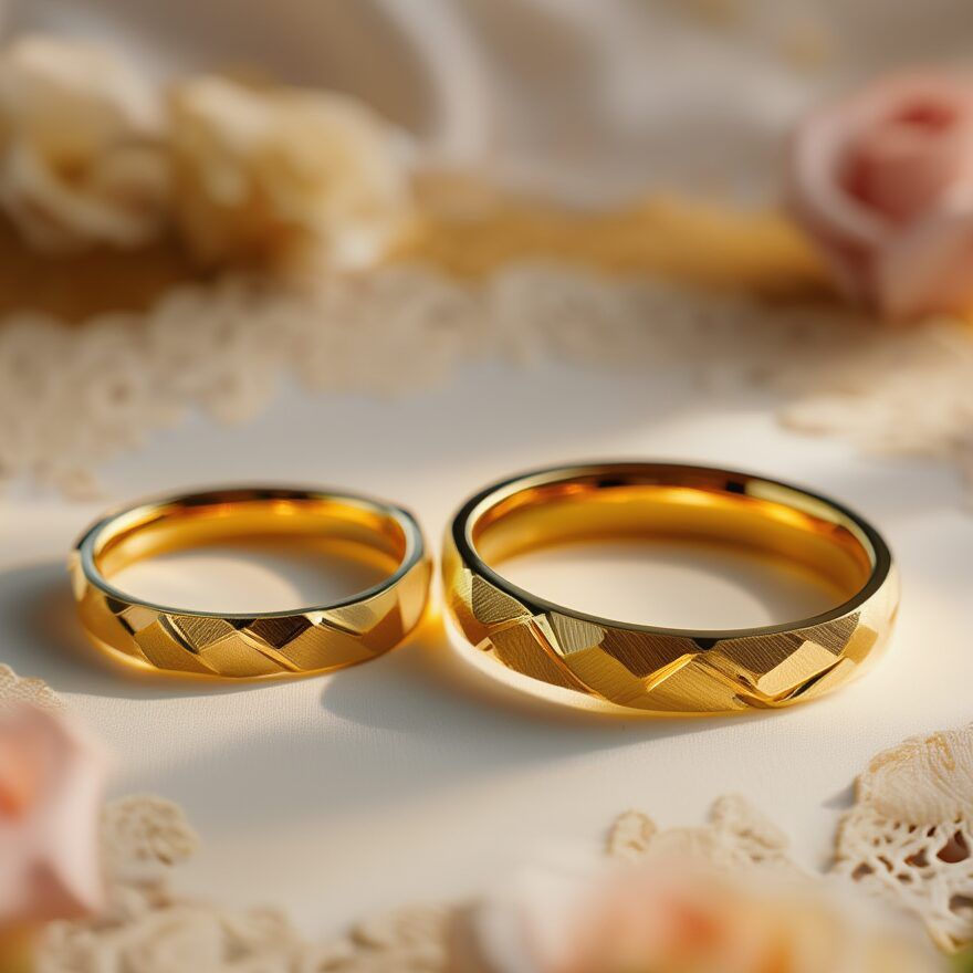 Trauringe Paar in Gelbgold mit Vintage- Muster