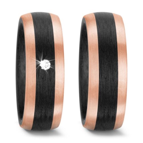 Trauringpaar mit Carbon schwarz Roségold 1 Brillant, 0,05 ct., Oberfläche mattiert, Hersteller TitanFactory, Artikelnummer 59319/003/00x/N556